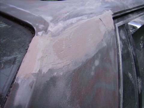 1982 Ford Crown Victoria LTD - The intermediate coat of bondo on the C-Pillar seams.