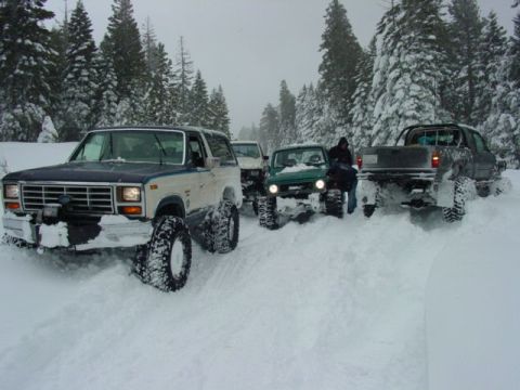 1986 Ford Bronco - A convoy of off-road vehicles, including a 1986 Ford Bronco, navigates a snow-covered trail through a forest.