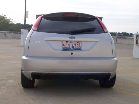 2003 Ford Focus - The rear of a silver 2003 Ford Focus SVT hatchback is shown from a straight-on angle.