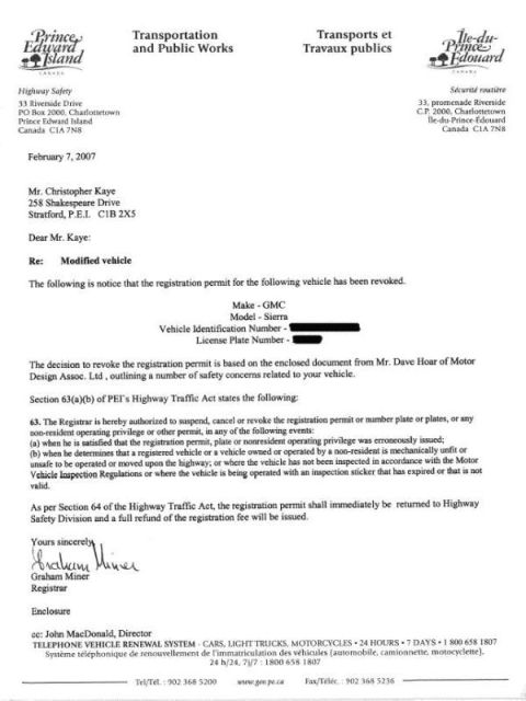 1996 Ford Bronco - Official letter notifying revocation of a vehicle registration permit, not a technical document.