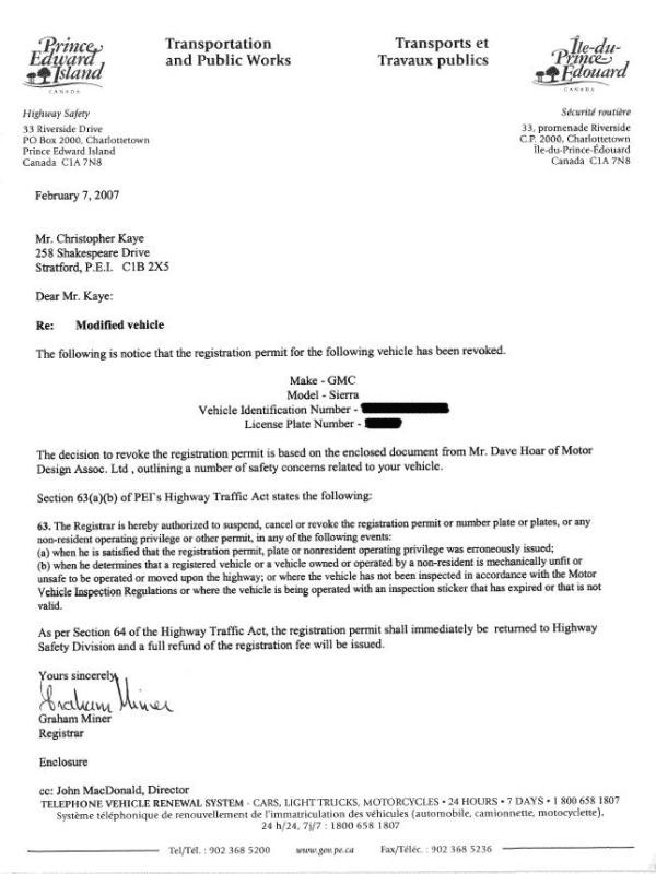 Letter revoking a vehicle registration permit from PEI authority