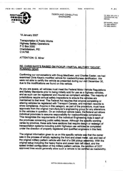 1996 Ford Bronco - Page one of a consulting engineers letter discussing roadworthiness of a modified pickup, not a technical document.