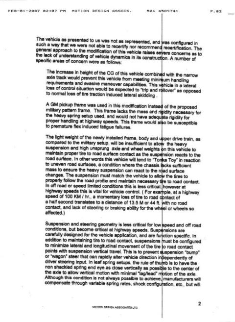 1996 Ford Bronco - Page two of a consulting engineers letter detailing suspension and handling concerns, not a technical document.