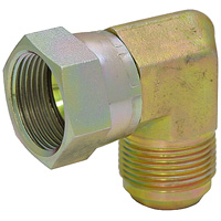 1991 Ford Bronco - A close-up view of a yellow hydraulic elbow fitting, designed for fluid power applications.