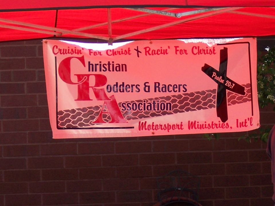 Banner for the Christian Rodders and Racers Association at an event