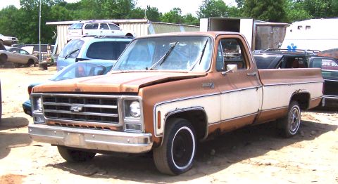 1980 Jeep CJ5 - This two-tone Chevrolet pickup truck appears to be from the mid-1970s, likely a 1975 model, in a salvage yard setting.