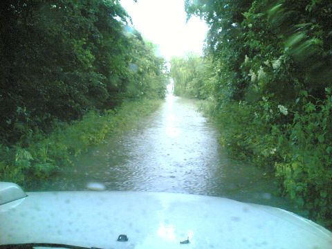 2001 Ford Fiesta - Driving through a flooded road with trees lining both sides.