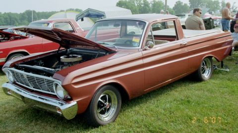 1976 Ford Ranchero - This 1964 Ford Falcon Ranchero is displayed with its hood open, revealing the engine bay.