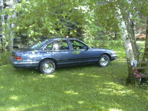 1996 Ford Crown Victoria - A blue 1996 Ford Crown Victoria is parked on a grassy lawn, partially shaded by trees.