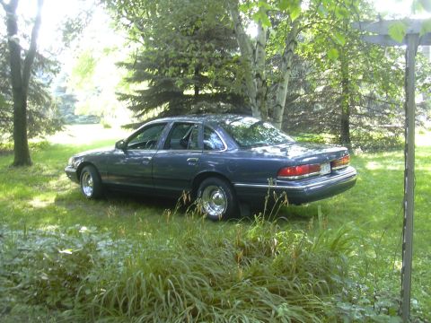 1996 Ford Crown Victoria - A dark blue 1996 Ford Crown Victoria is parked on the lawn, surrounded by trees and grass.