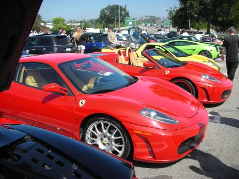 1998 Ford Crown Victoria - A gathering of red Ferrari sports cars with other exotic vehicles in the background.