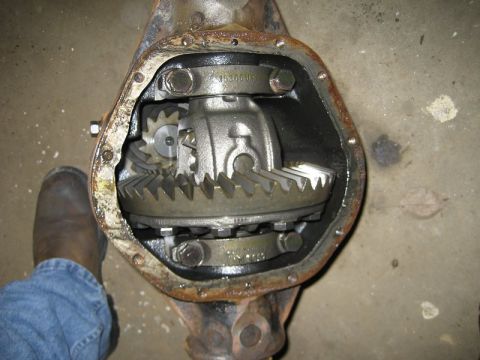 1995 Ford Bronco - The internal workings of a vehicle's differential are exposed, showing the gears and housing.