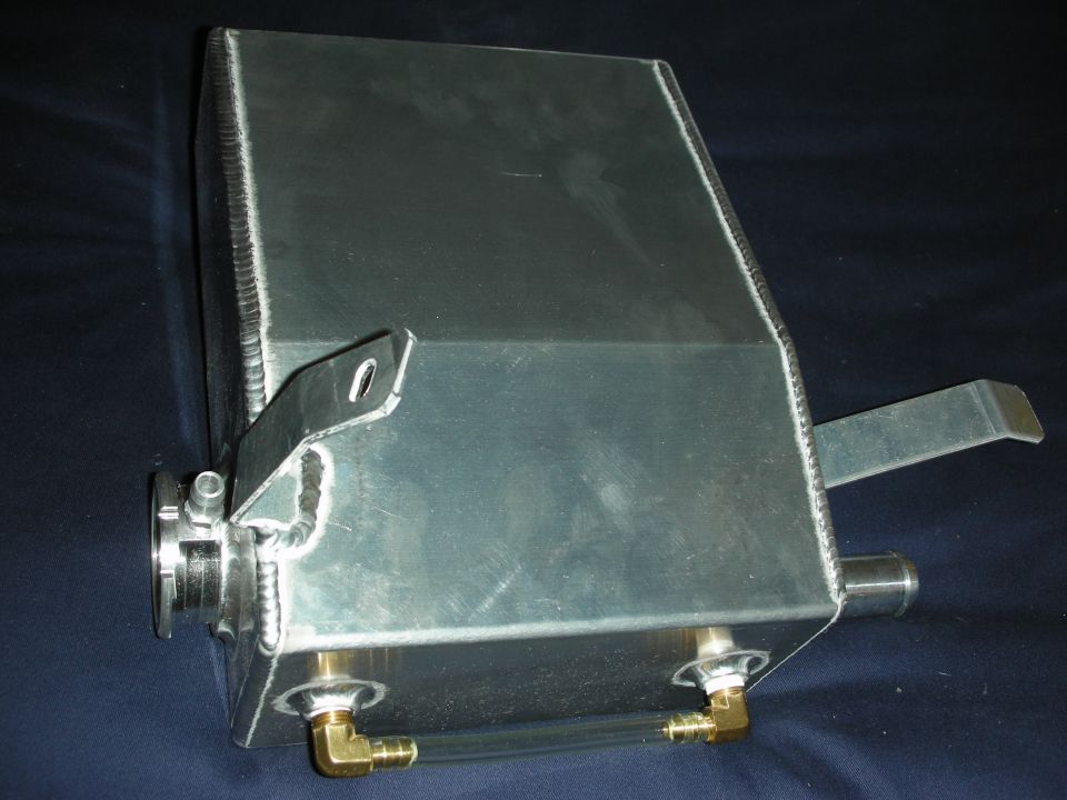 Aluminum coolant overflow tank with brass fittings and mounting bracket