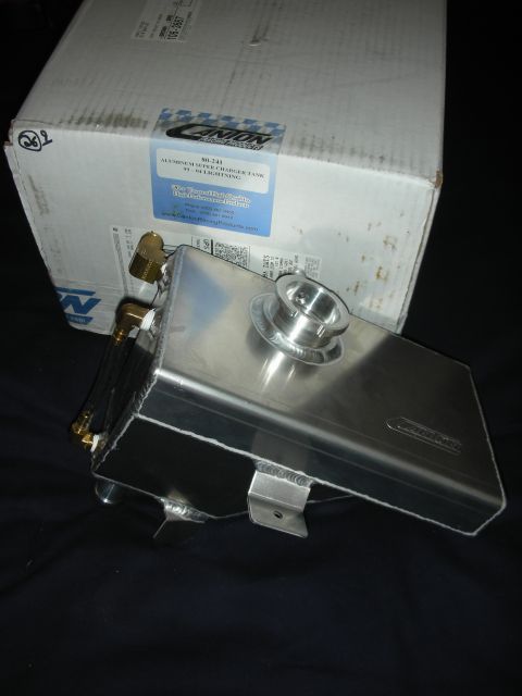 1998 Ford Crown Victoria - A welded aluminum Canton Racing supercharger intercooler coolant tank with brass elbow fittings, a billet filler cap and embossed Canton lo…