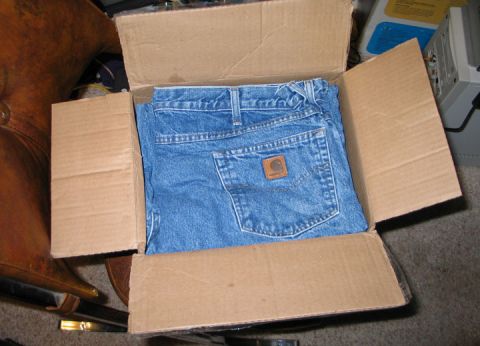 1994 Ford Bronco - A pair of blue jeans with a Carhartt logo is placed inside a cardboard box.