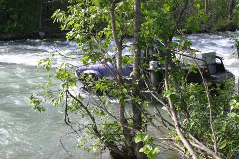 2003 Jeep TJ - A vehicle navigates a rough river crossing, with trees and foliage in the foreground.