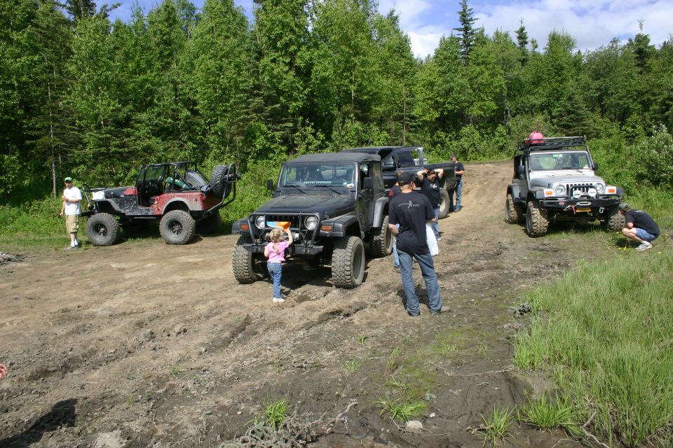 Several Jeeps parked on a dirt path in a wooded area. A child is near the front of a black Jeep