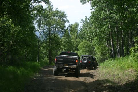 2003 Jeep TJ - Two off-road vehicles drive down a dirt path surrounded by trees.