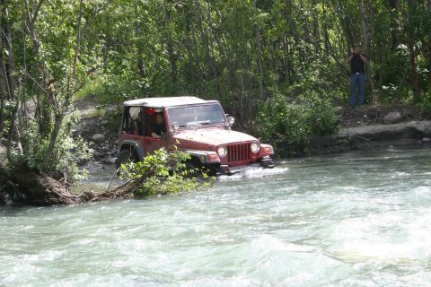 2003 Jeep TJ - A red Jeep TJ navigates a rocky riverbed, surrounded by lush green foliage.