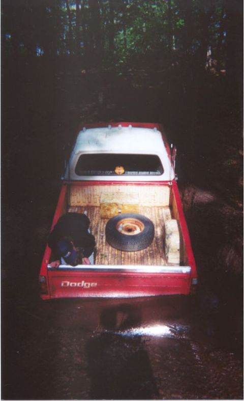 1996 Ford Bronco - Elevated rear view down into the bed of a red Dodge pickup stopped on a muddy wooded trail at dusk, showing a wood-planked bed floor with a…