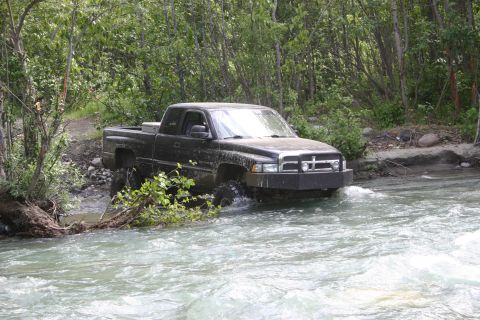 2003 Jeep TJ - A black pickup truck navigates a rocky riverbed surrounded by dense foliage.