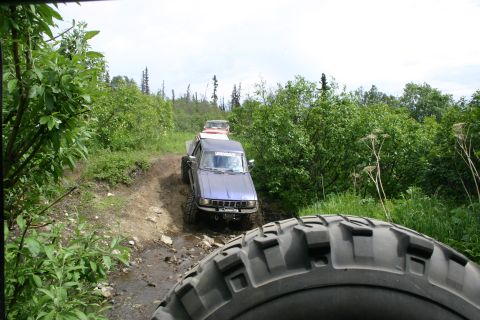 2003 Jeep TJ - Multiple off-road vehicles travel in convoy on a muddy dirt track through dense vegetation.