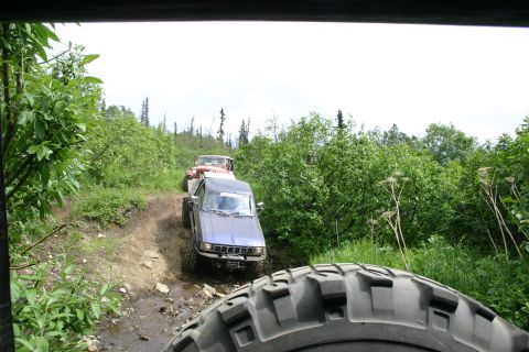 2003 Jeep TJ - A group of off-road vehicles navigates a muddy trail surrounded by dense green foliage.