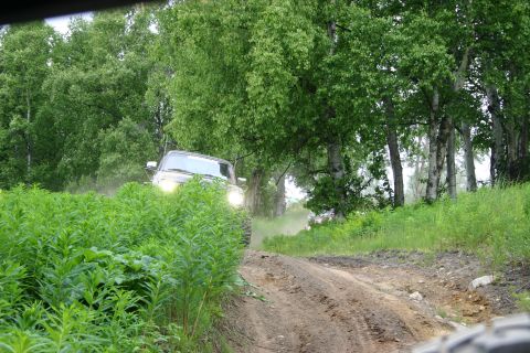 2003 Jeep TJ - Jeep TJ navigates a dirt path surrounded by lush green foliage and trees.