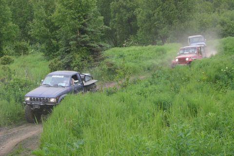 2003 Jeep TJ - Multiple off-road vehicles navigate a grassy trail in a wooded area.