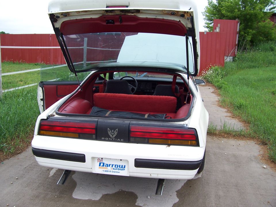 White Pontiac Firebird with red interior, rear hatch and driver door open. License plate reads 'Darrow Group'