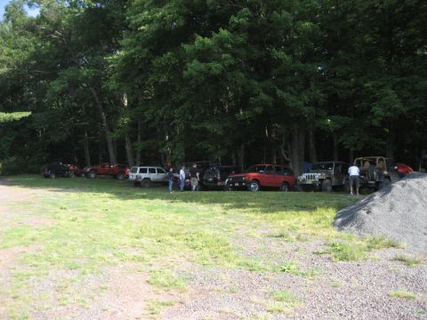 1991 Ford Bronco - A collection of off-road vehicles are parked in a line on a grassy area, with a dense forest behind them.
