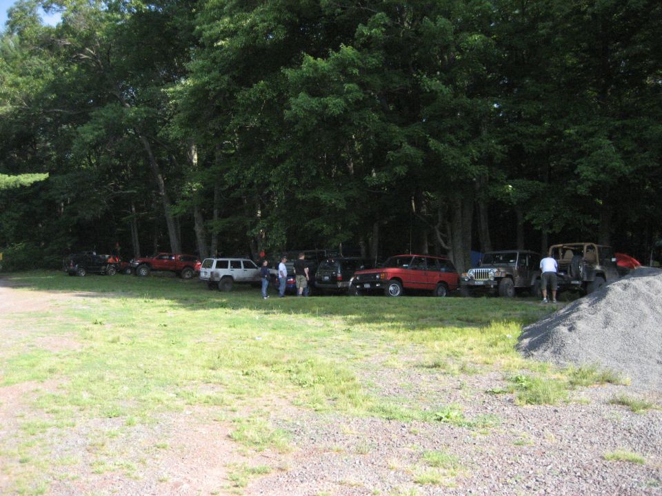 Several SUVs and trucks parked in a line on a grassy area, with trees in the background