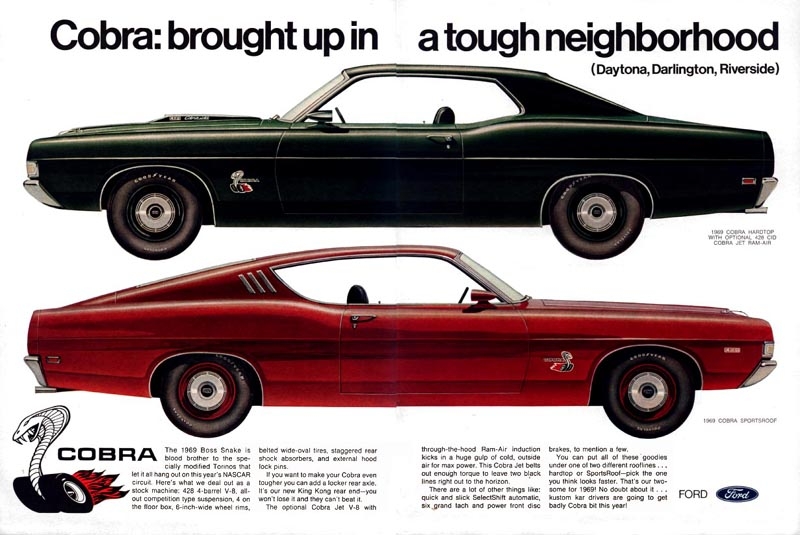 Vintage Ford Torino Cobra ad showing black hardtop and red SportsRoof fastback