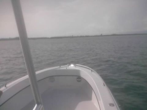 1989 Ford Bronco - The view from the interior of a boat as it travels across the water under an overcast sky.