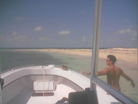 1989 Ford Bronco - A man stands in shallow water near a sandy beach as seen from the interior of a boat.