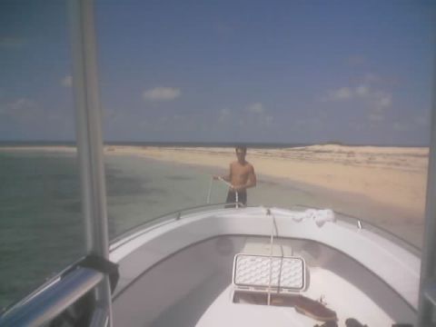 1989 Ford Bronco - A person stands on a sandy beach, viewed from the perspective of a boat on the water.