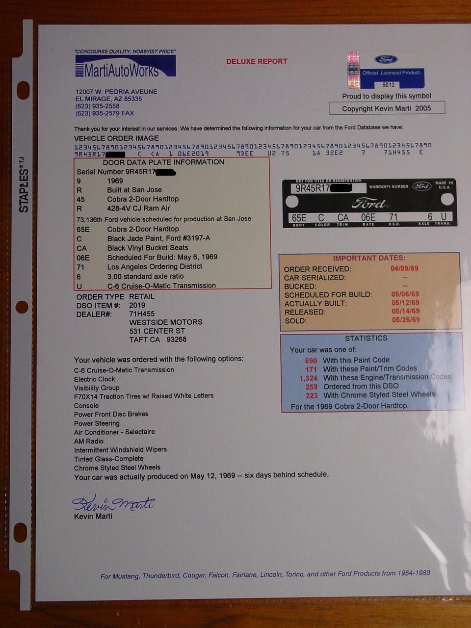 Marti Auto Works Deluxe Report sheet for a 1969 Ford vehicle