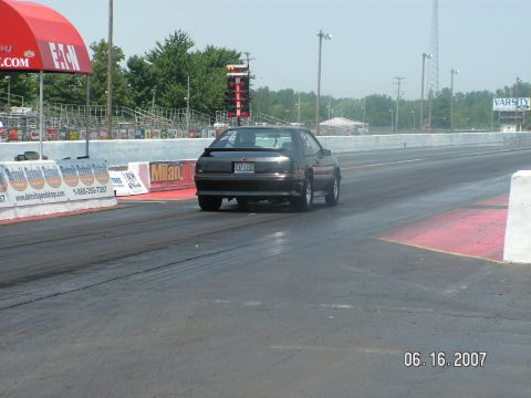 1988 Ford Mustang - A Ford Mustang races down the drag strip at Milan Dragway on June 16, 2007.