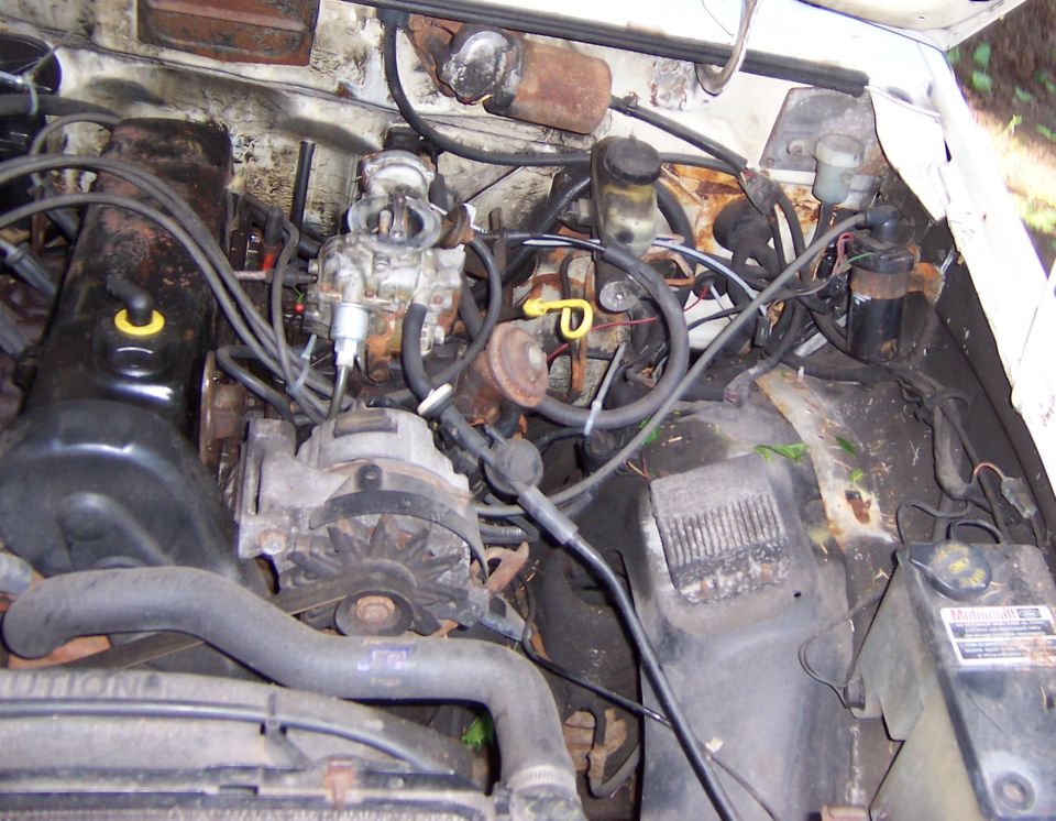 Engine bay with carburetor, alternator, and hoses. Some rust visible