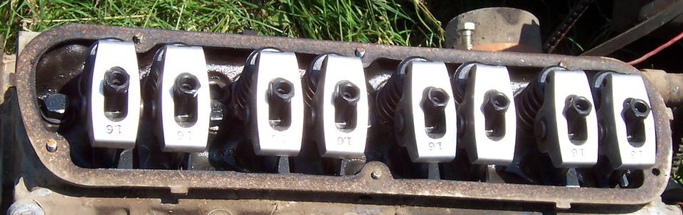 Cylinder head with eight white-topped '1.6' rocker arms on grass