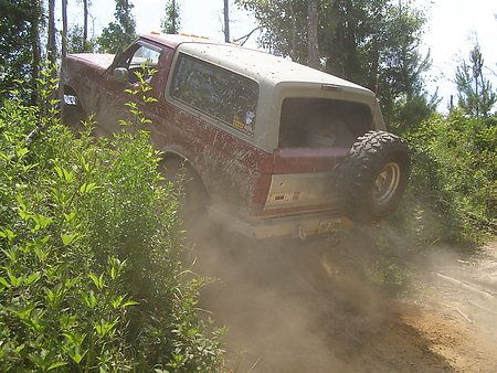 1995 Ford Bronco - 1995 Ford Bronco navigating a dirt path kicking up dust, surrounded by dense foliage.
