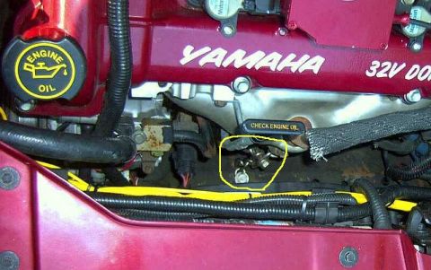1997 Ford Taurus - Close-up of a Yamaha engine component, showing an oil cap and a sensor.