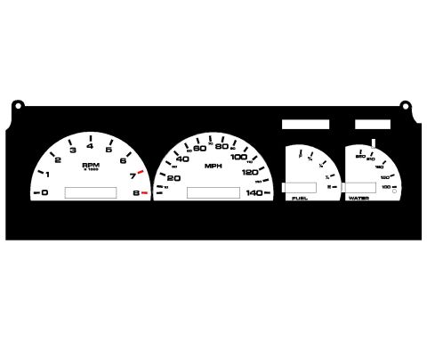 1992 Ford Taurus - This is a white gauge cluster with a tachometer, speedometer, fuel gauge, and water temperature gauge.