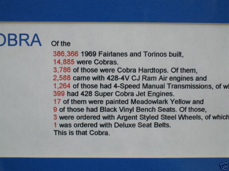 Blue placard detailing 1969 Fairlane and Torino Cobra production numbers