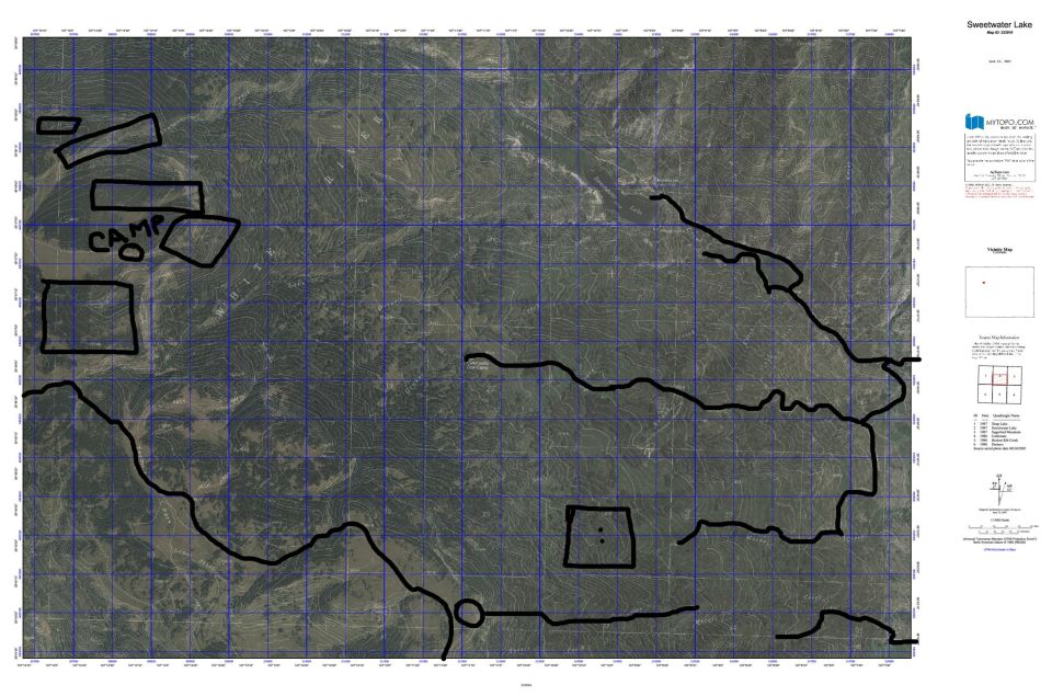 Topographic map of Sweetwater Lake with hand-drawn annotations marking camp and routes