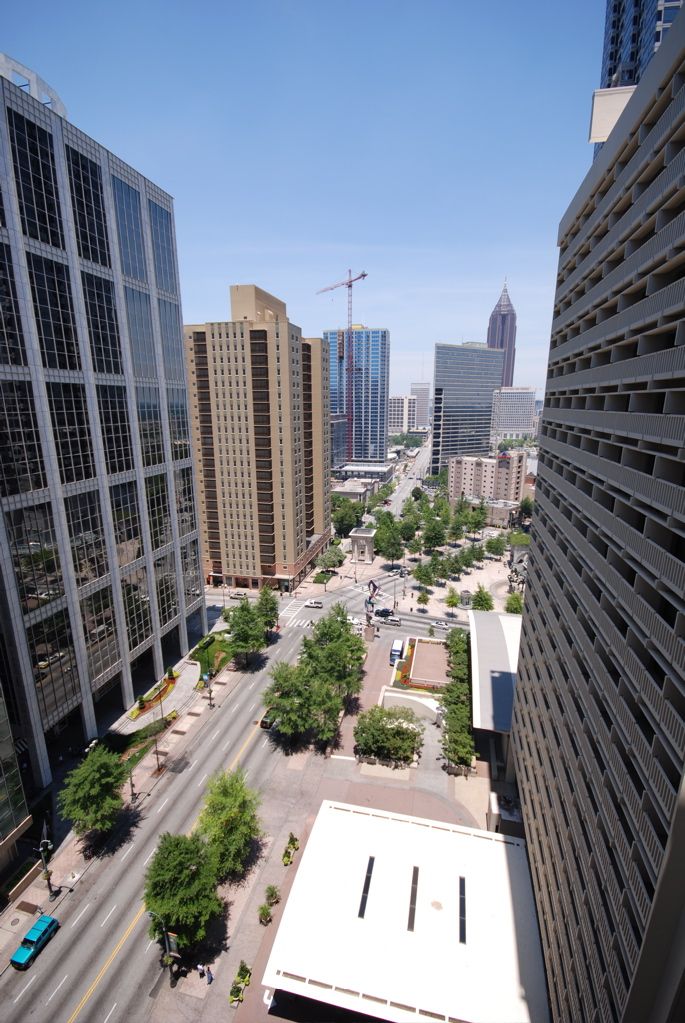 View of a city street with tall buildings, trees, and traffic