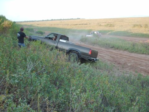 1982 Ford Bronco - A pickup truck is stuck in the brush on a hillside while another truck drives on a dirt road in the distance.