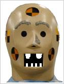 1999 Ford Crown Victoria - Small cropped headshot of a crash-test dummy's tan head, marked with orange and black circular calibration targets on the forehead and chee…