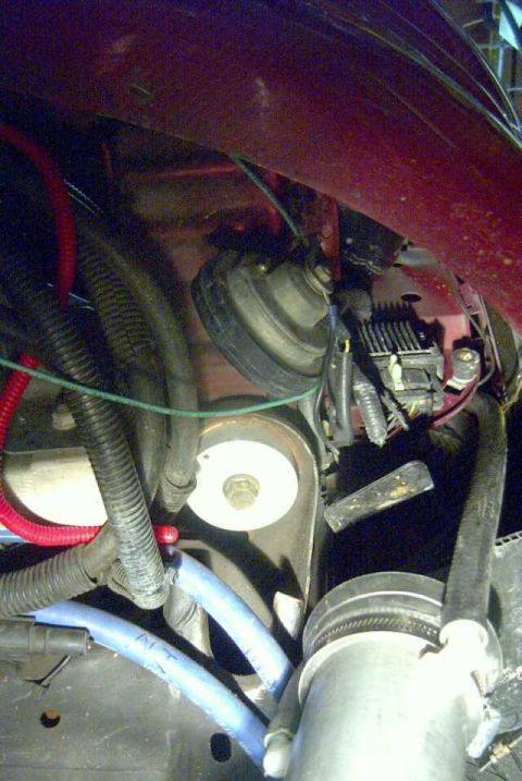 1997 Ford Taurus - Detail shot of various engine components, including hoses and a horn, within a vehicle's engine bay.