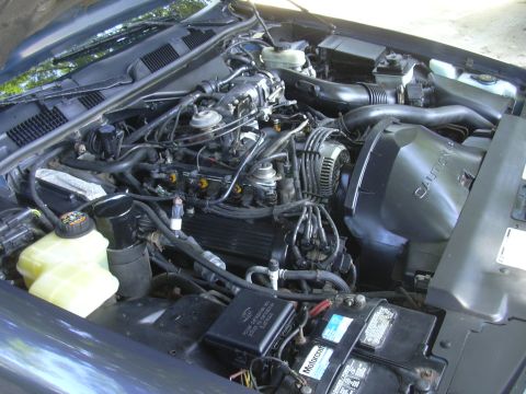 1996 Ford Crown Victoria - The engine bay of a vehicle, showing the V8 engine and associated components.